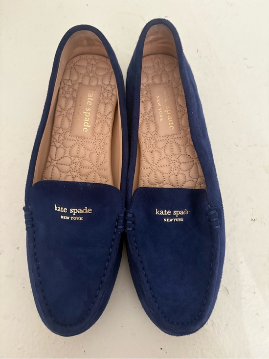 kate spade Shoes - kate spade navy suede loafers with gold logo plaque